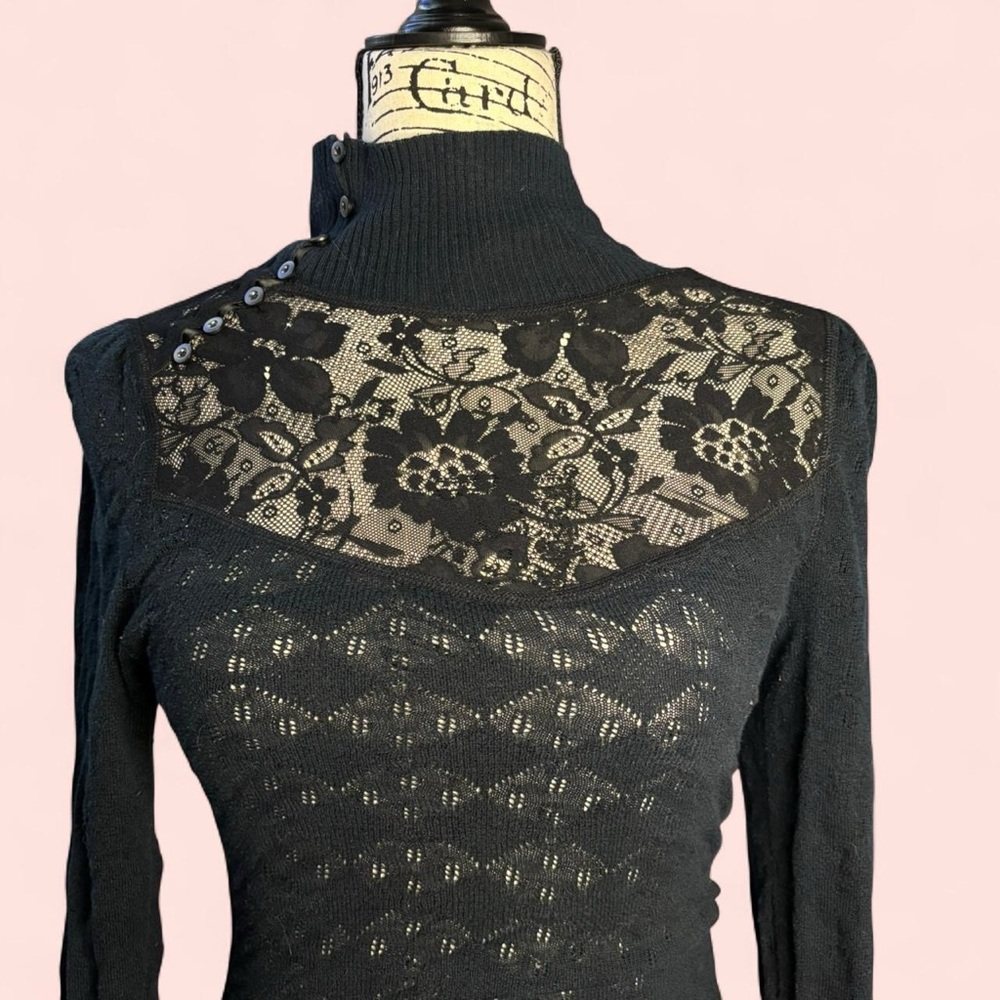 Free People Black Lace Yoke Mock Neck Top